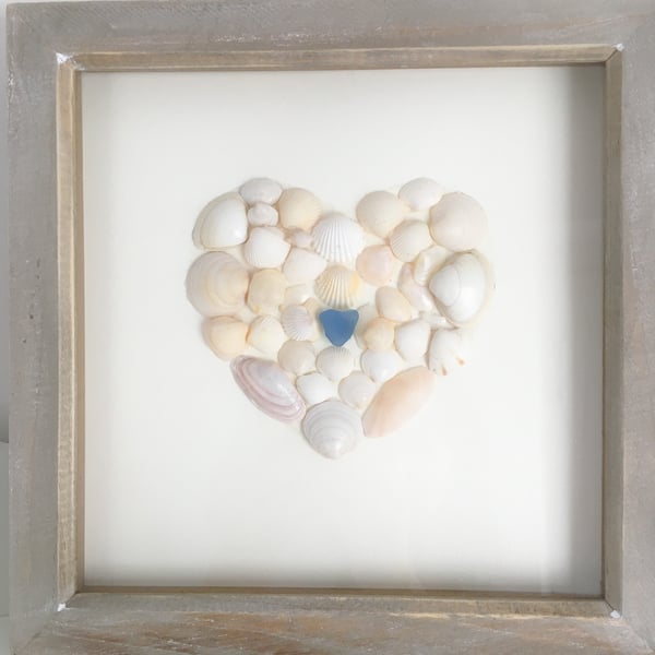 Framed heart made with shells and sea glass found on St Ives beaches 