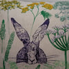 Hare in the Hedgerow -  Screen printed and hand embroidered cushion