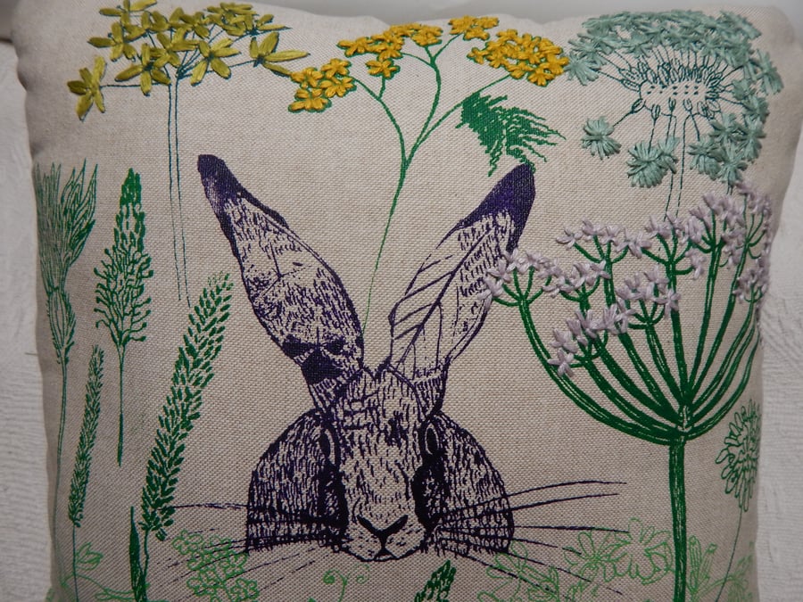 Hare in the Hedgerow -  Screen printed and hand embroidered cushion