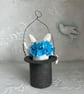 Paper mache hanging white bunny in top hat ornament - Image 3