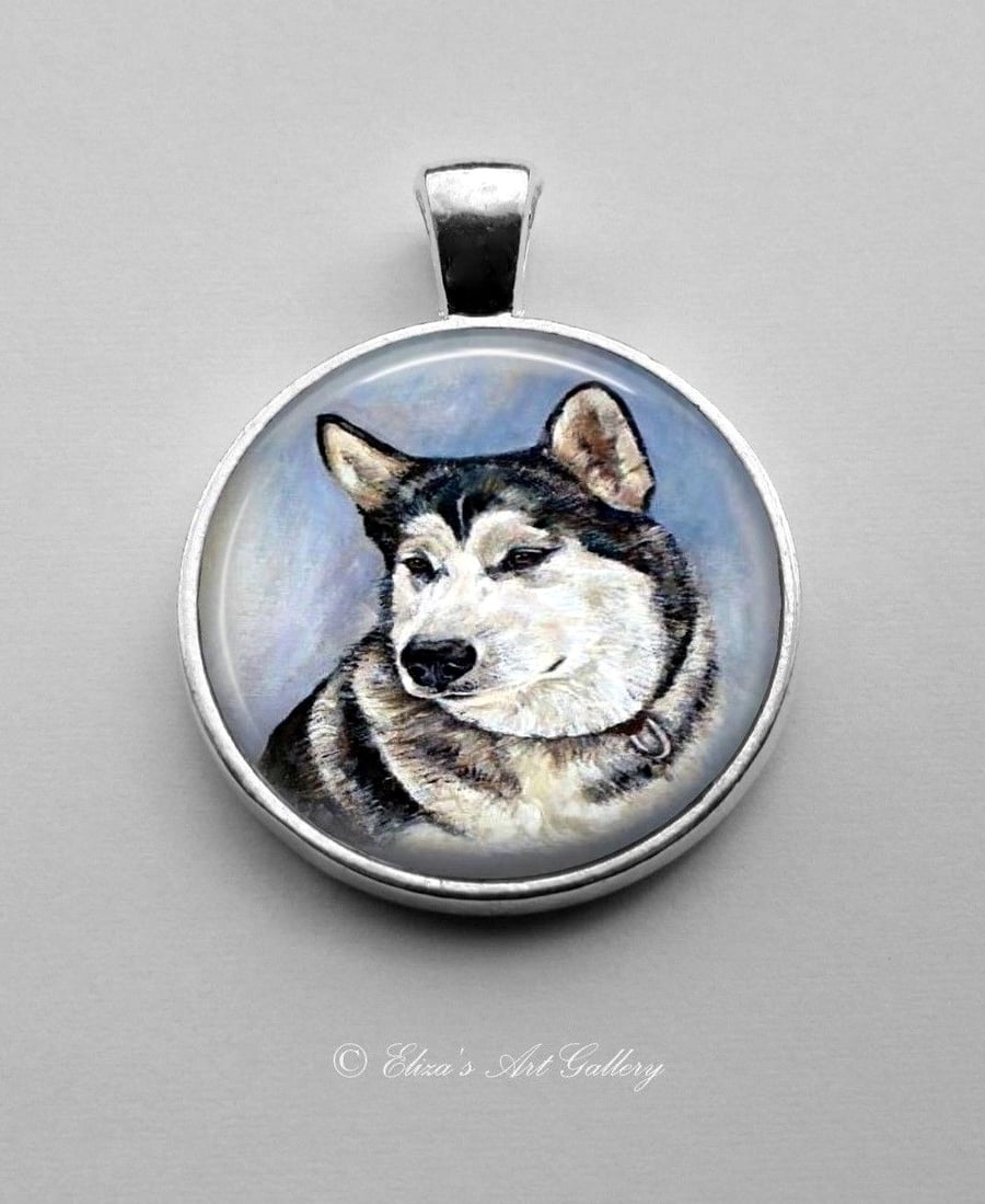 Silver Plated Alaskan Malamute Dog Art Pendant
