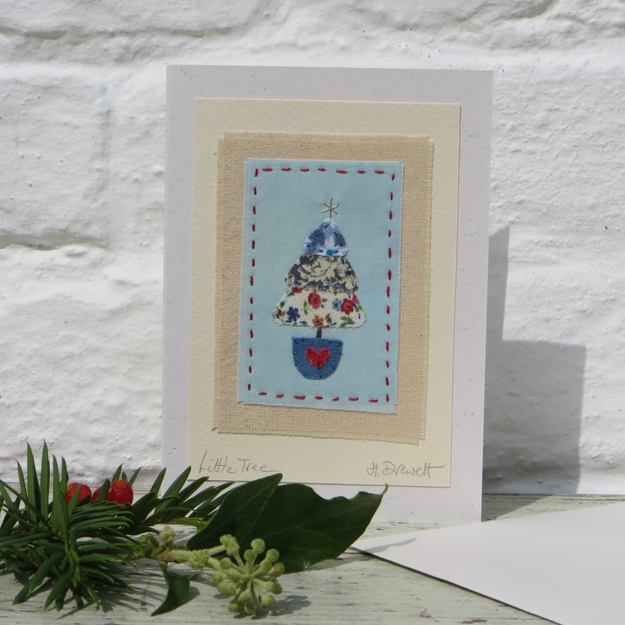 Little Tree, hand-stitched miniature textile on card with silver star at the top
