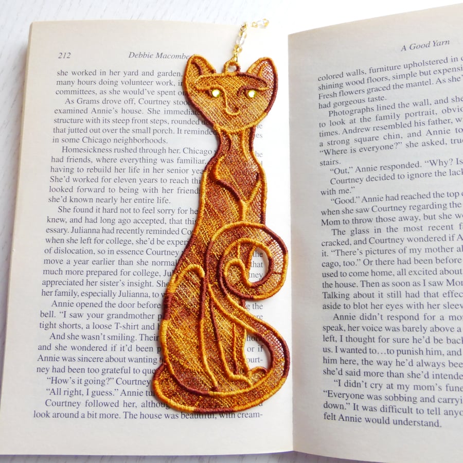 Cat Bookmark, embroidered lace