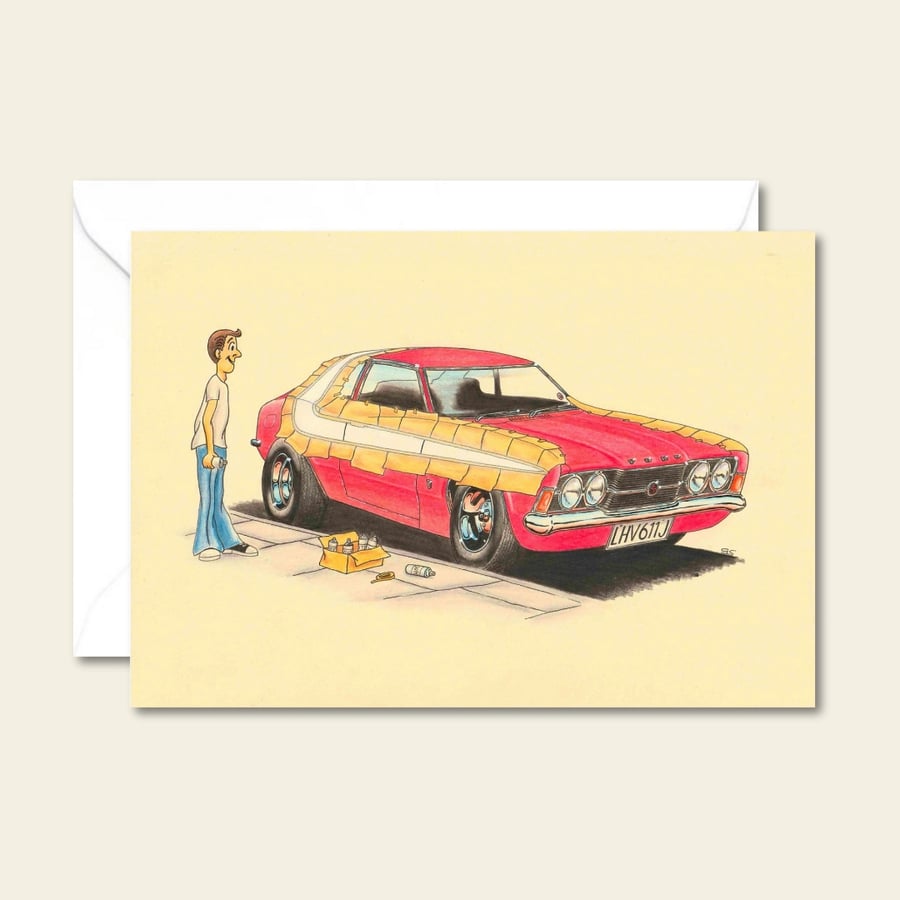 Seventies Car Cartoon Card: Hand Drawn Illustration - Car Lover Birthday Card