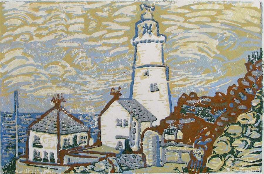 Start Point Lighthouse, Devon - Original Linocut Print Hand Pressed Ltd Edition