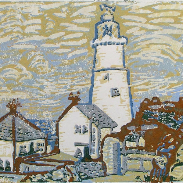 Start Point Lighthouse, Devon - Original Linocut Print Hand Pressed Ltd Edition