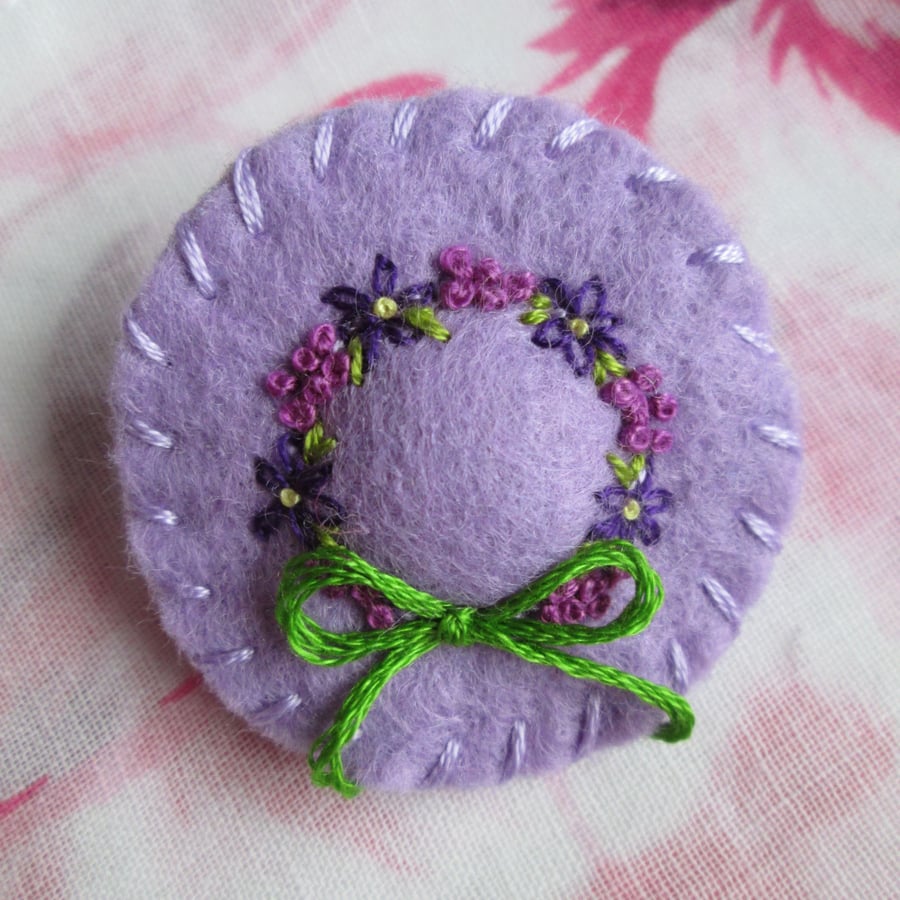 Hand Embroidered Felt Hat Brooch - Lilac Floral