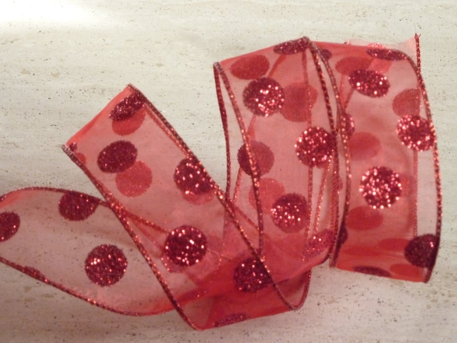 1 Metre Wire Edged Christmas Ribbon 38mm Red Glitter Polka Dot