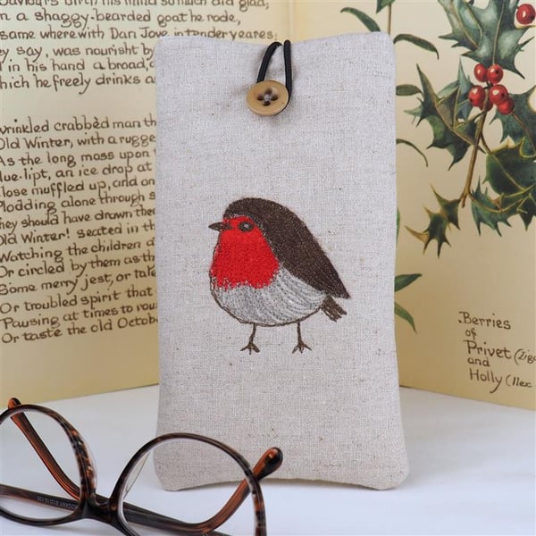 Glasses Spectacles Case Robin Handmade Nature Wildlife Linen 