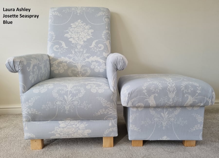 Laura Ashley Josette Seaspray Blue Fabric Chair & Footstool Adult Armchair Small