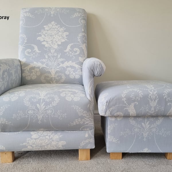 Laura Ashley Josette Seaspray Blue Fabric Chair & Footstool Adult Armchair Small