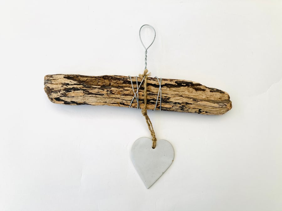 Hand made driftwood , Loveheart hanger, pottery, gift idea birthday