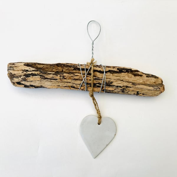 Hand made driftwood , Loveheart hanger, pottery, gift idea birthday