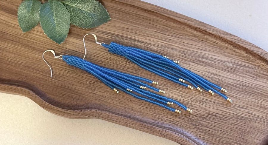 Deep matt blue beadwork tassel fringe earrings
