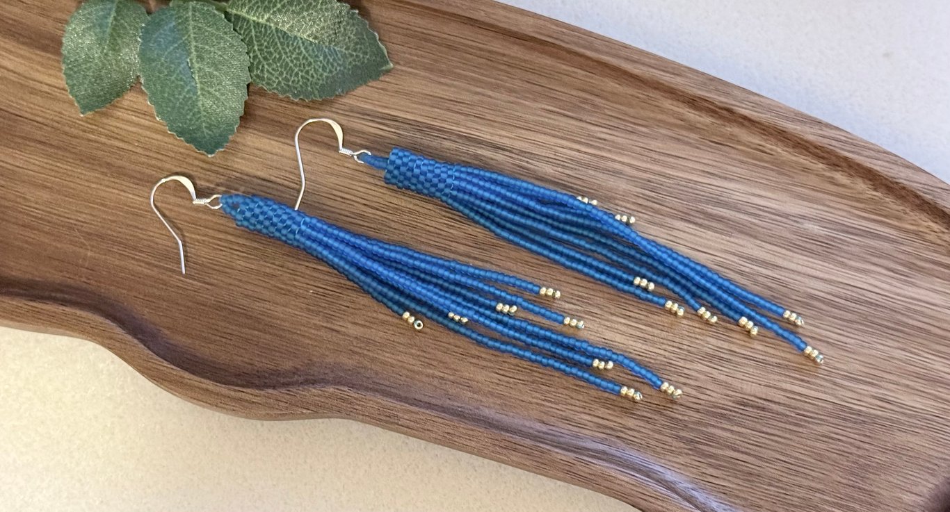 Deep matt blue beadwork tassel fringe earrings