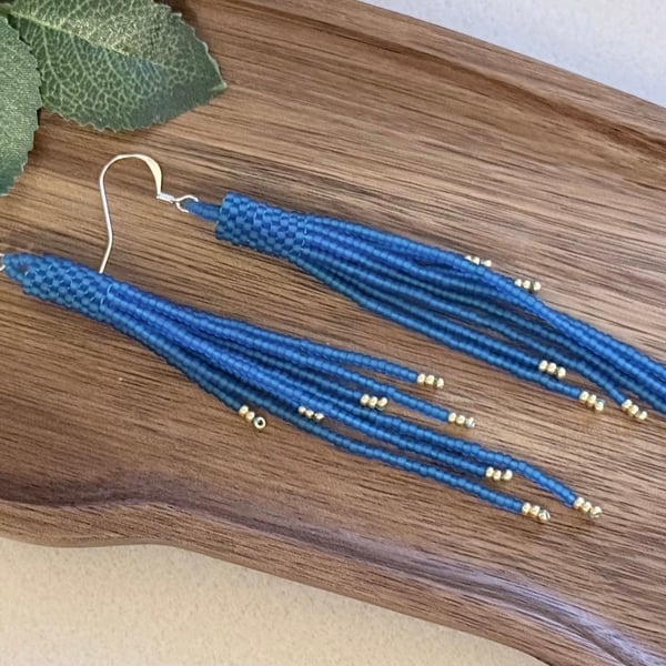 Deep matt blue beadwork tassel fringe earrings