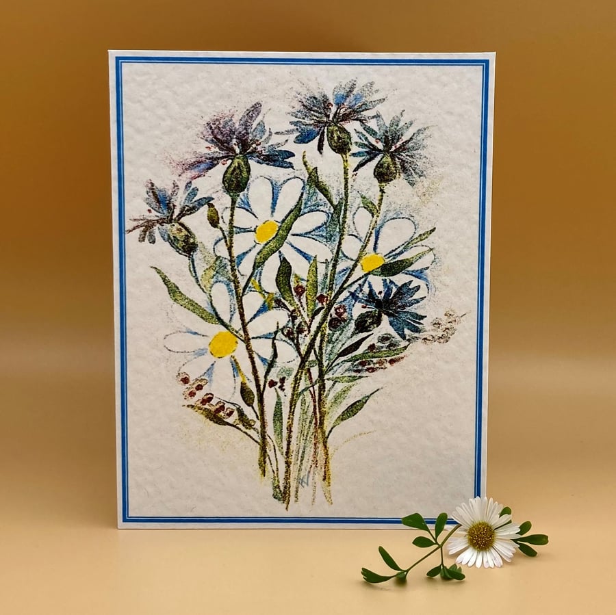 Greetings Card, Wildflowers, blue cornflowers and daisies, blank no message. 