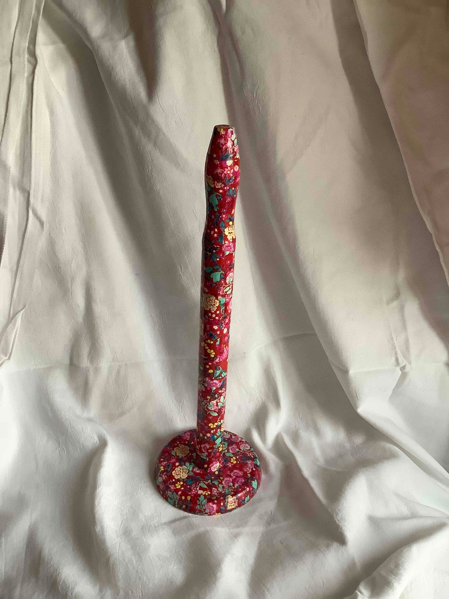 Wood upcycled Decopatched red floral kitchen roll holder