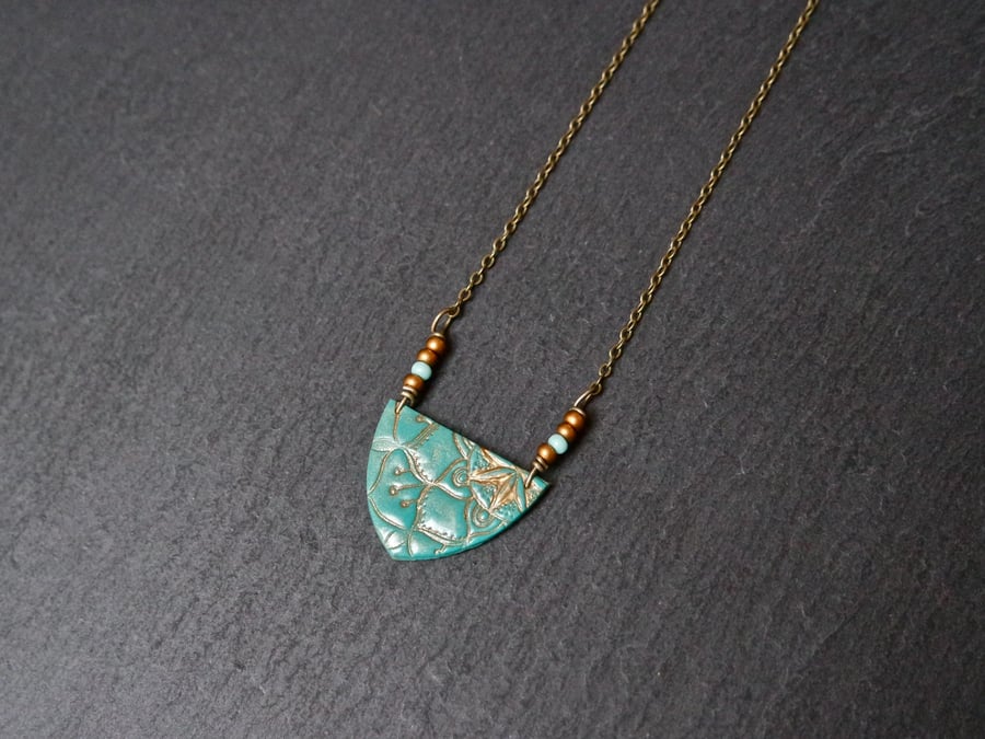 Necklace - Mandala gold turquoise with seed beads