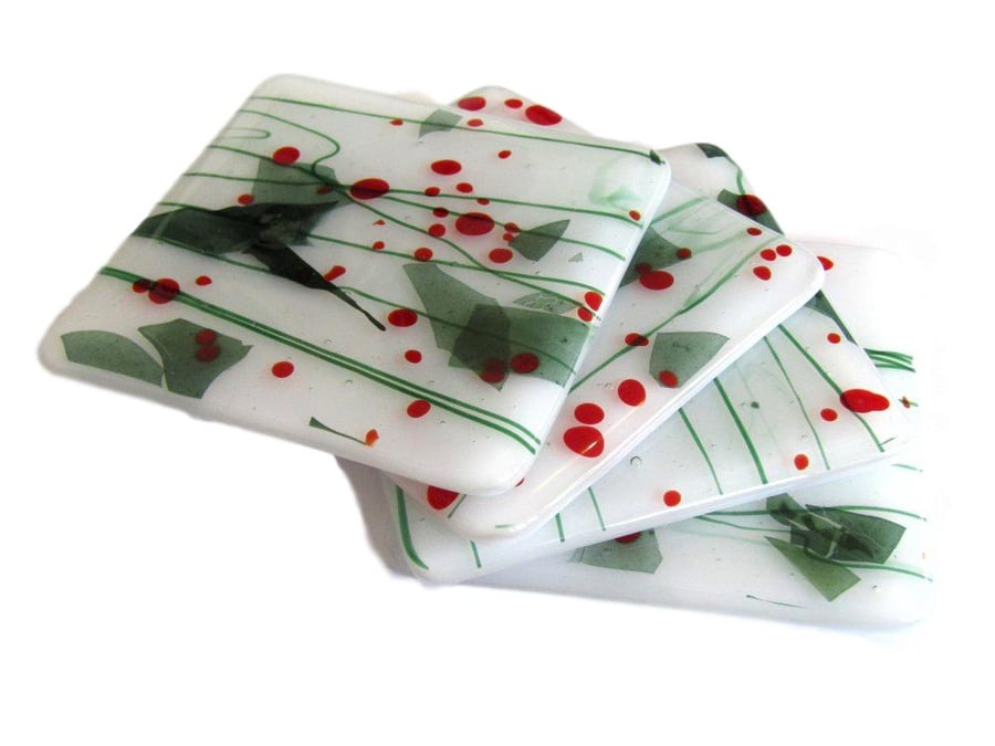 Set of 4 fused glass Christmas Holly Berry Confetti Coasters Red Green Festive