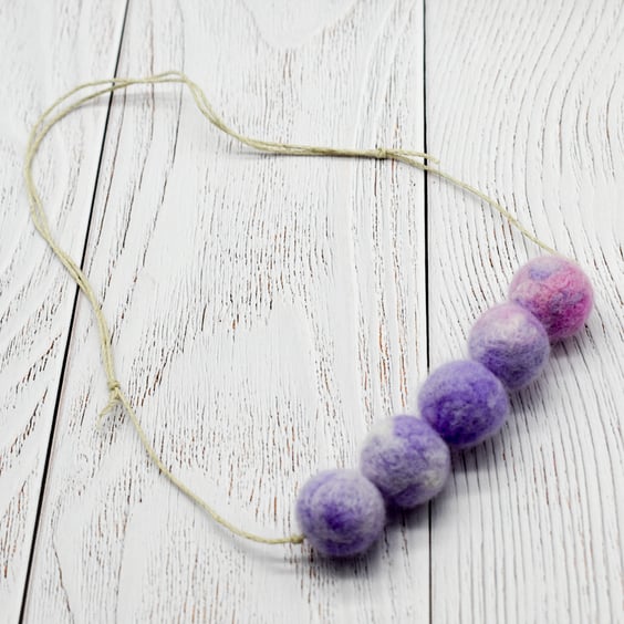 Felted bead necklace in pink and purple wool