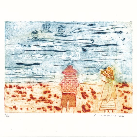 A day at the beach part 2 - Original Collagraph Print .  Seaside Art