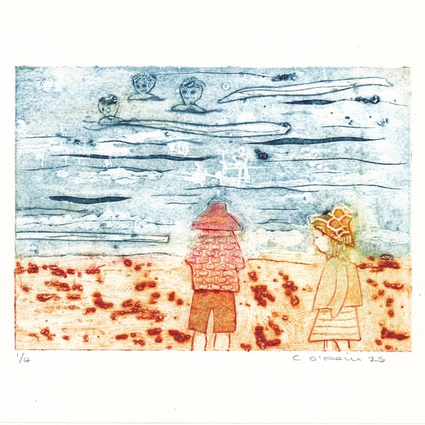 A day at the beach part 2 - Original Collagraph Print .  Seaside Art