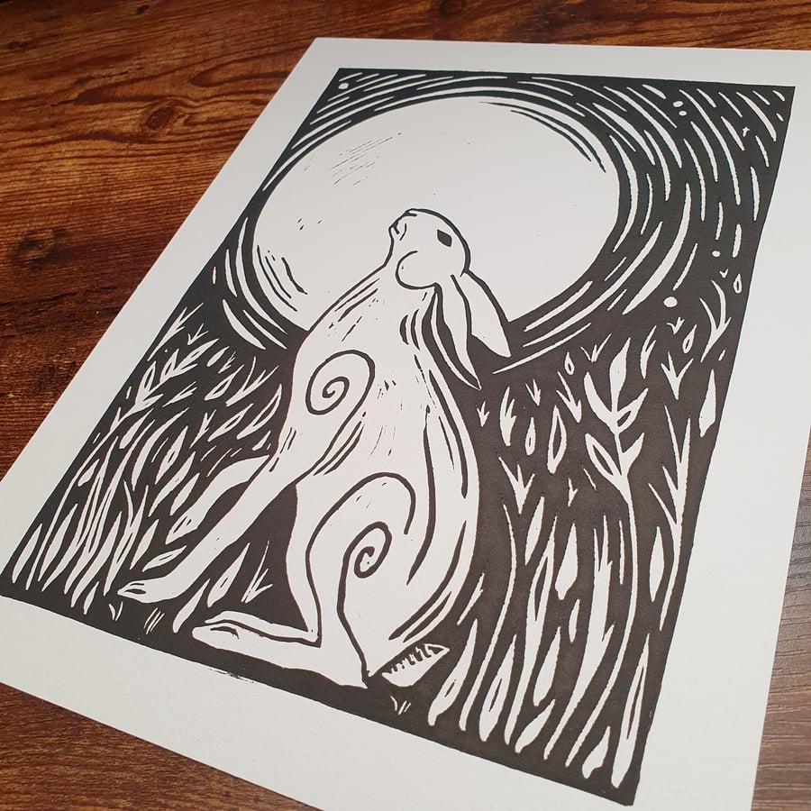 The Moongazing Hare Handpressed Lino Print