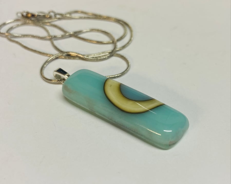 Beautiful Handmade Cream and Pale Blue Fused Glass Pendant 