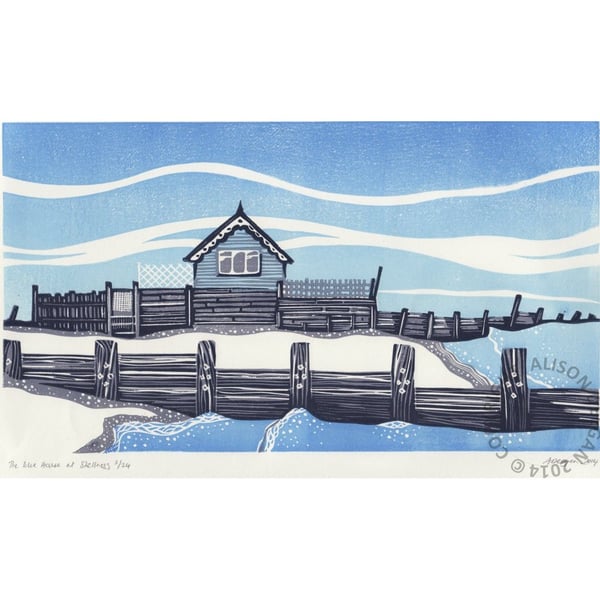 The Blue House at Shellness LINO PRINT SHEPPEY BEACH HUT