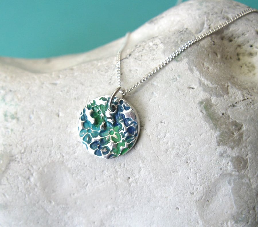 Fine silver disk necklace with turquoise patina