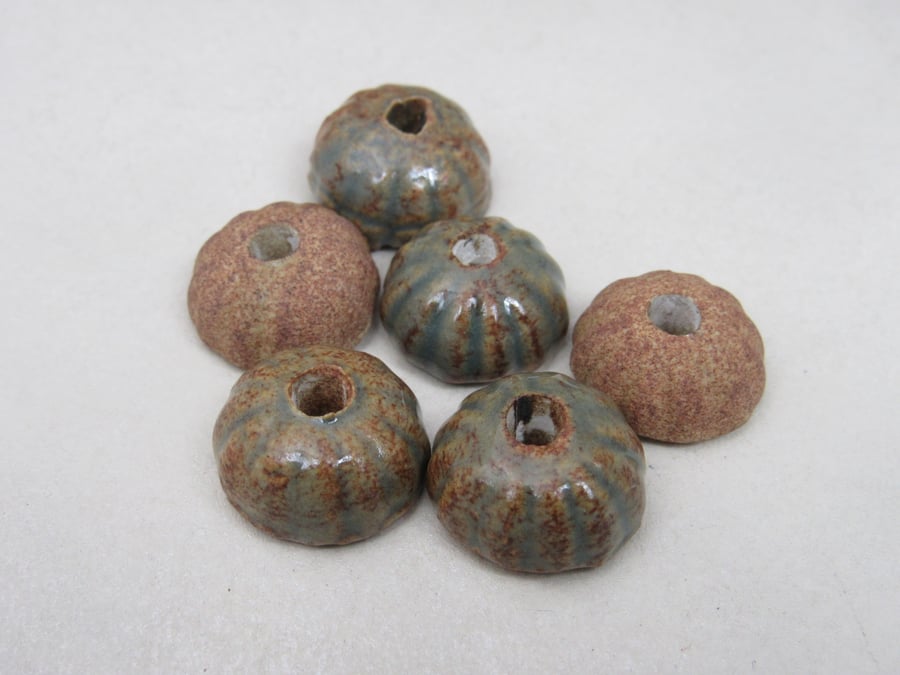 6 Small Sedge Green Half-round Ceramic Flower Beads