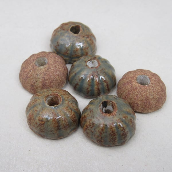 6 Small Sedge Green Half-round Ceramic Flower Beads