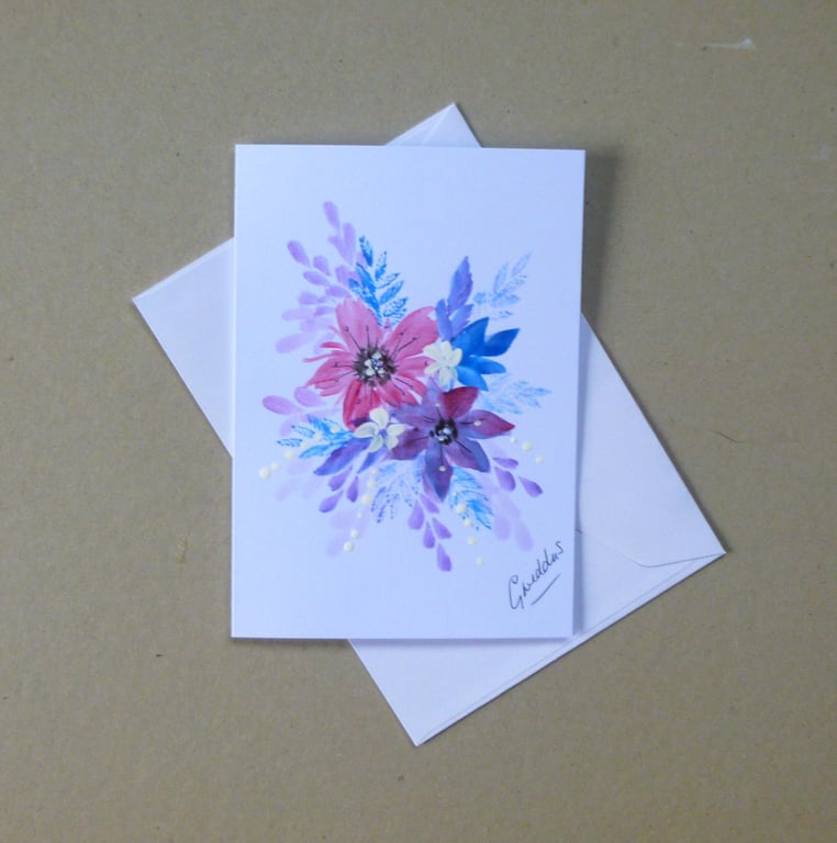 hand painted floral blank greetings card ( ref FA 503 D2 )