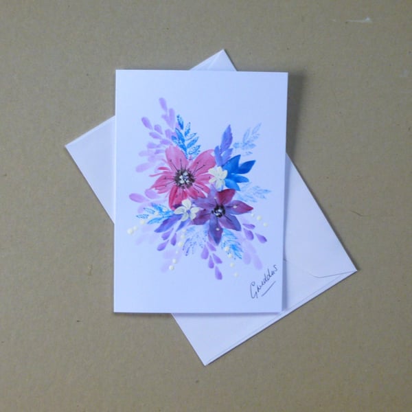 hand painted floral blank greetings card ( ref FA 503 D2 )