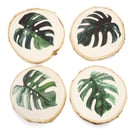 Round wooden coasters, set of 4, monstera leaves print, great housewarming gift