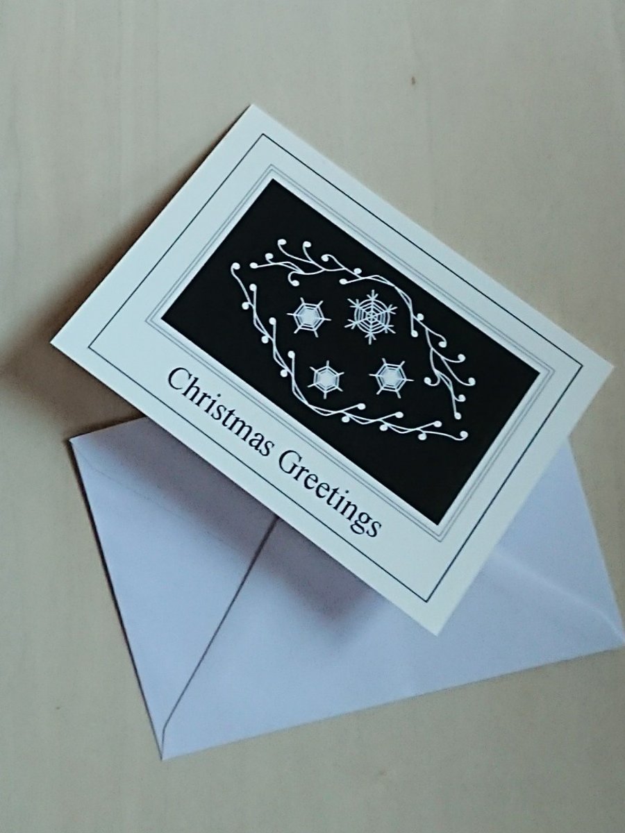 Handmade Xmas card, white snowflakes on black, Christmas Greetings 