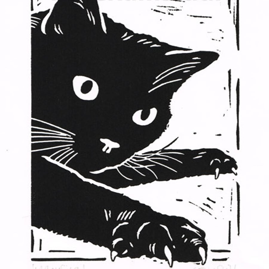 Black Cat Mousing - Original Hand Pulled Linocut Print