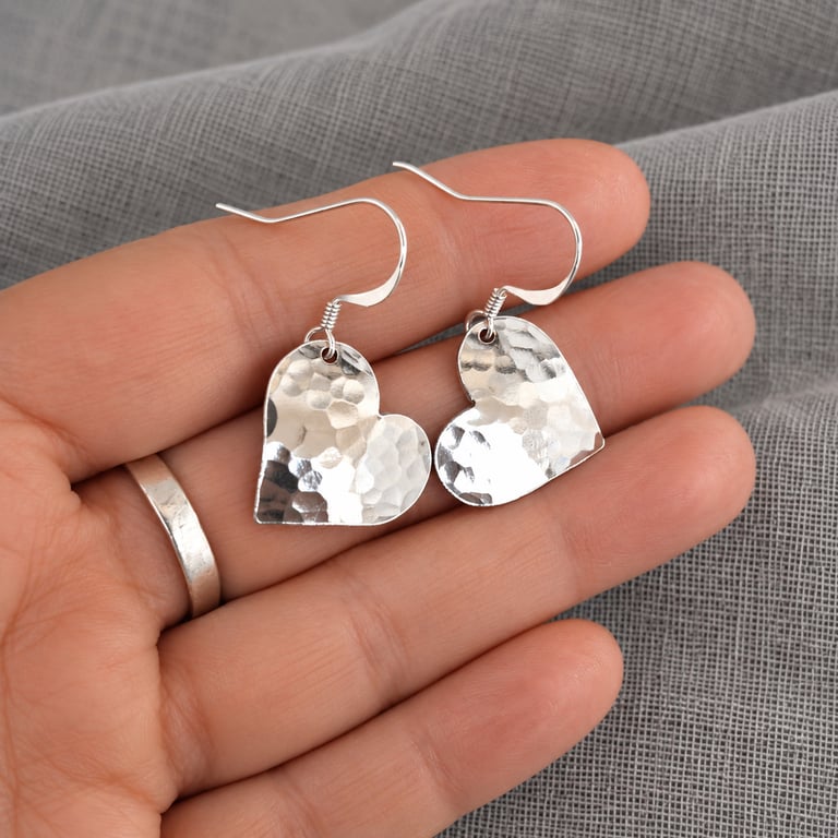 Silver Heart Earrings Aluminium, Hammered Artisan Drop Earrings, Minimalist