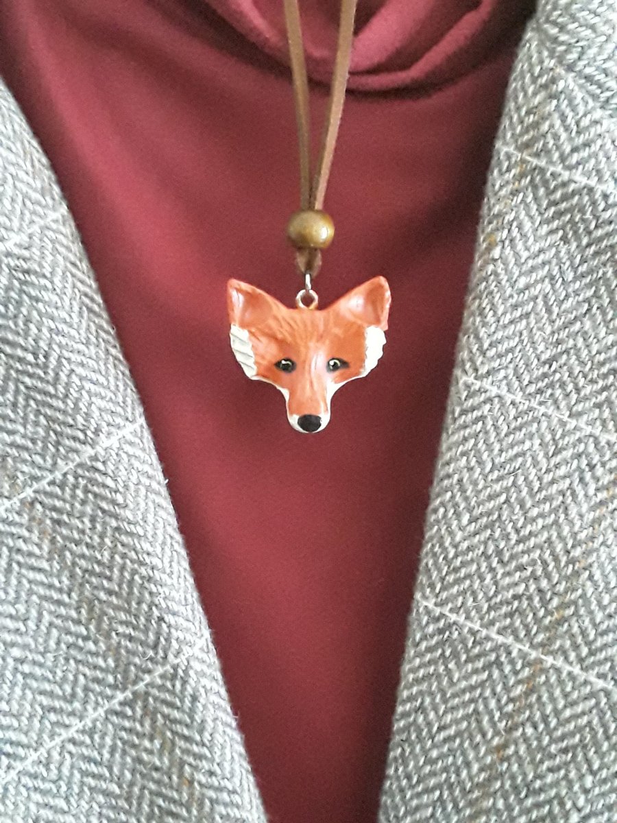 Hand Carved Wooden Fox Necklace 