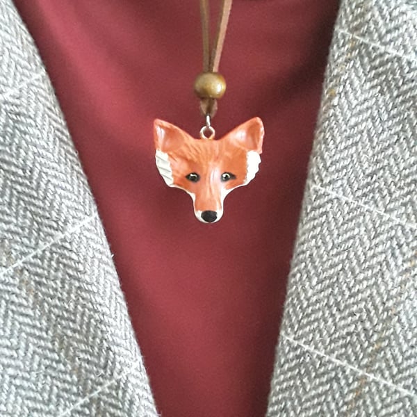 Hand Carved Wooden Fox Necklace 