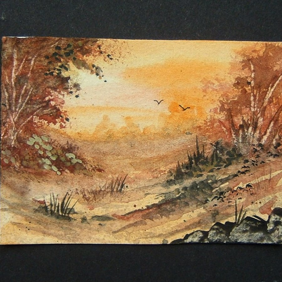 autumn sunset art landscape painting aceo ref 225