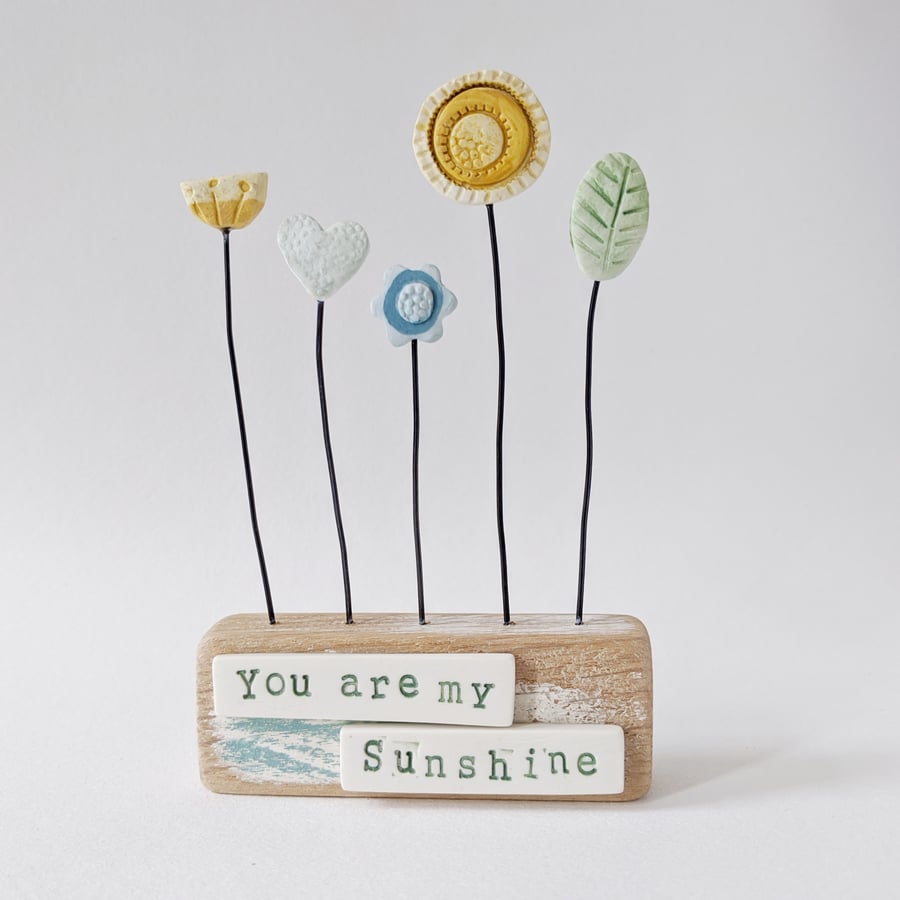 SALE Clay Sunny Garden in a Wood Block 'You are my Sunshine'