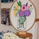 Jar of flowers Embroidered hoop picture, Wall Hanging 