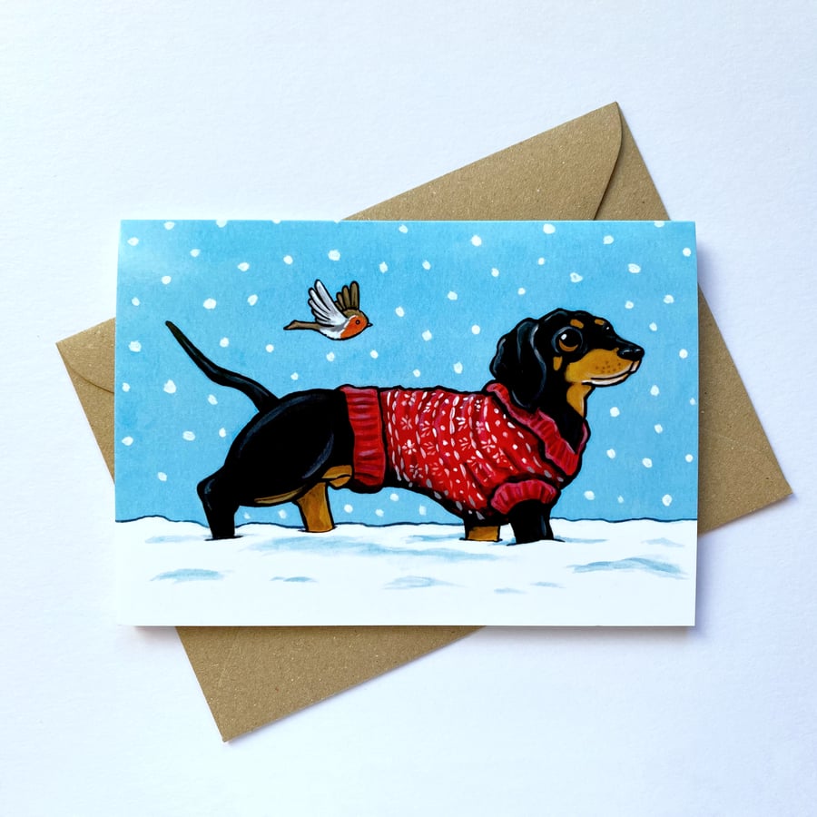 Dachshund wearing Xmas Jumper Snowy Seasonal Greeting Card