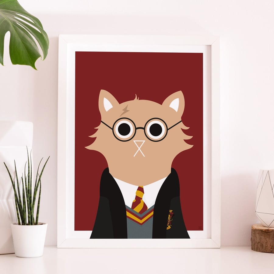 Harry Cat Wall Art Print, A4, Harry Potter Style Print, Wizard Bedroom Decor