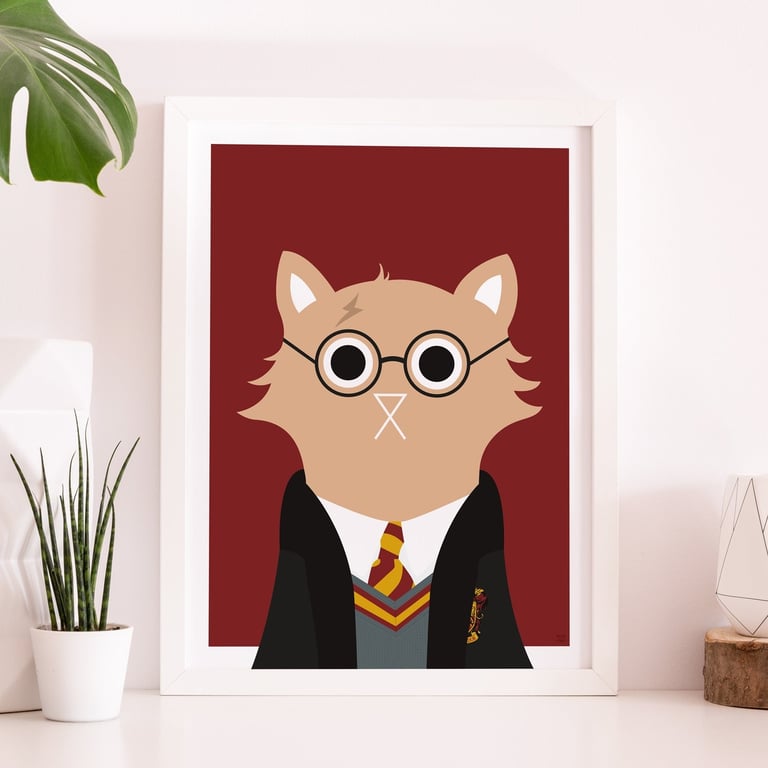 Harry Cat Wall Art Print, A4, Harry Potter Style Print, Wizard Bedroom Decor