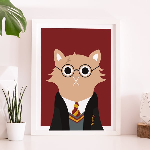 Harry Cat Wall Art Print, A4, Harry Potter Style Print, Wizard Bedroom Decor