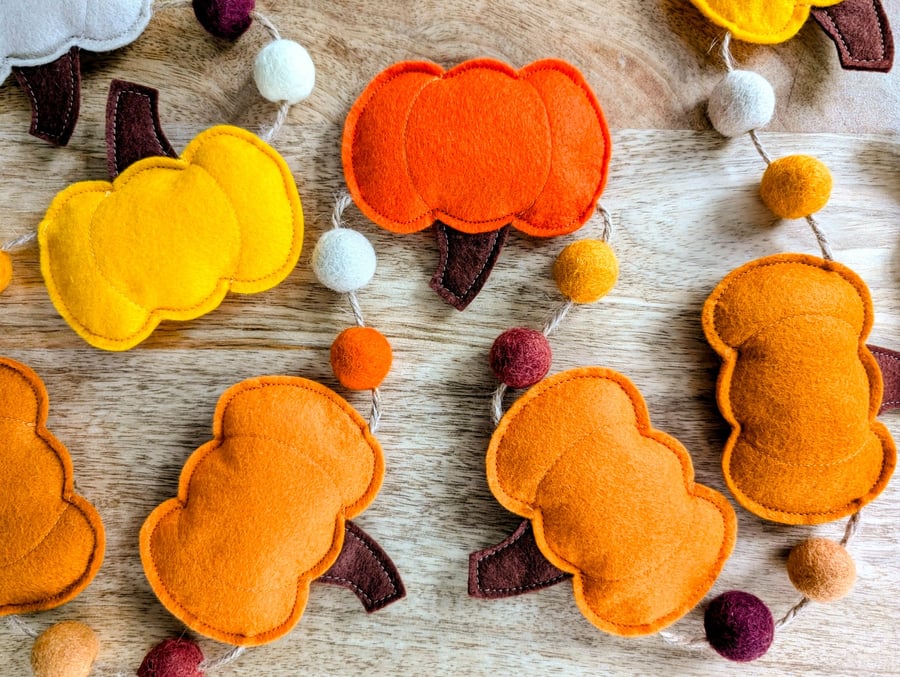 Felt Pumpkin and Felt Ball Garland - Autumn Gourd Bunting in Oranges and Yellows
