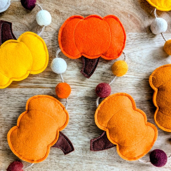 Felt Pumpkin and Felt Ball Garland - Autumn Gourd Bunting in Oranges and Yellows